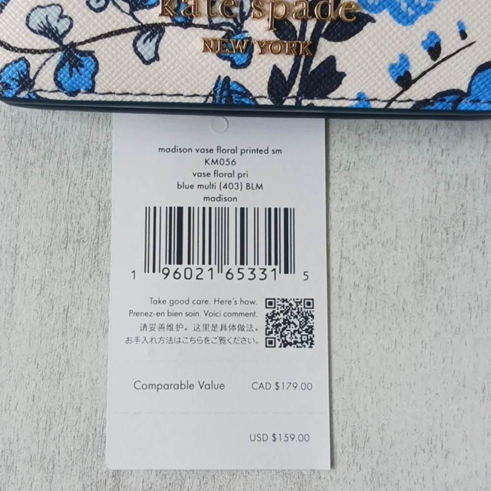 Kate Spade Madison Vase Floral Printed Med Blue White Leather Wallet
